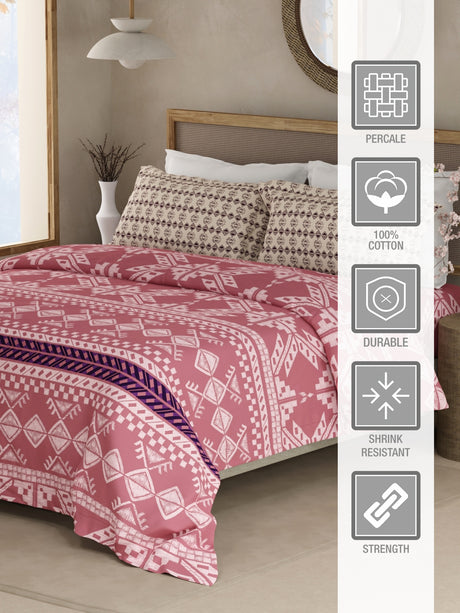 Valatia Gypsy 100% Cotton 200 TC Ethnic Printed King Bedsheet with 2 Pillow Covers - Pink & White