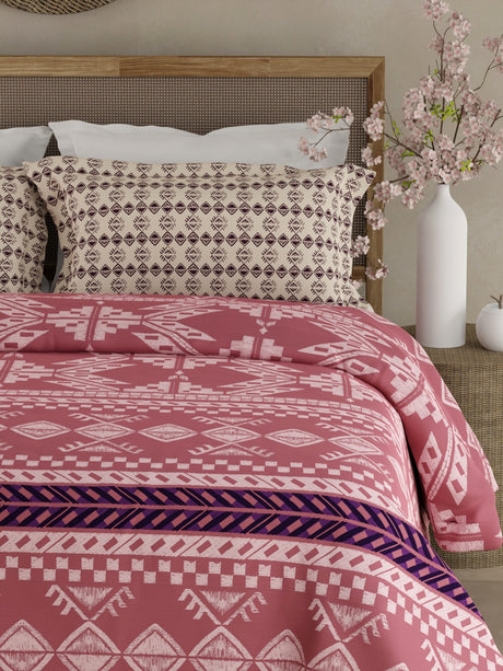 Valatia Gypsy 100% Cotton 200 TC Ethnic Printed King Bedsheet with 2 Pillow Covers - Pink & White