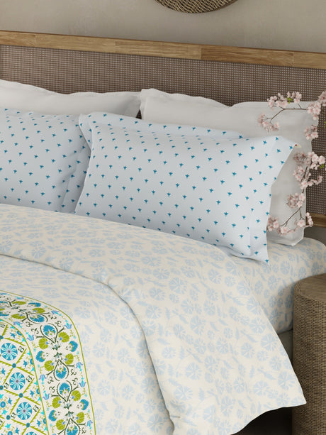 Valatia Gypsy 100% Cotton 200 TC Ethnic Printed King Bedsheet with 2 Pillow Covers - Blue