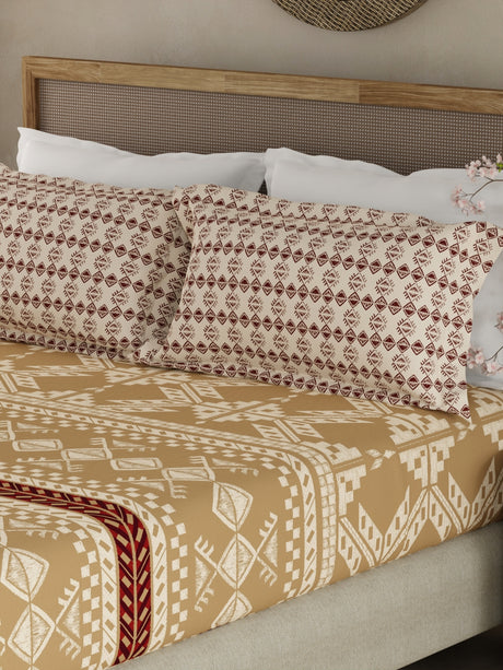Valatia Gypsy 100% Cotton 200 TC Ethnic Print Fitted King Bedsheet with 2 Pillow Covers - Brown
