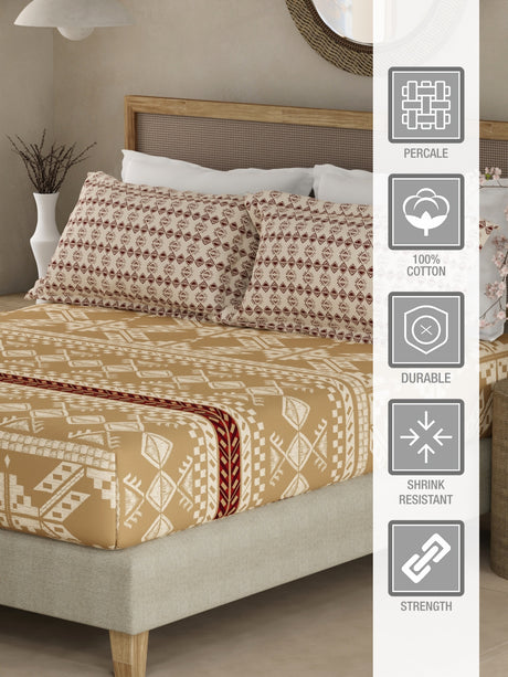 Valatia Gypsy 100% Cotton 200 TC Ethnic Print Fitted King Bedsheet with 2 Pillow Covers - Brown