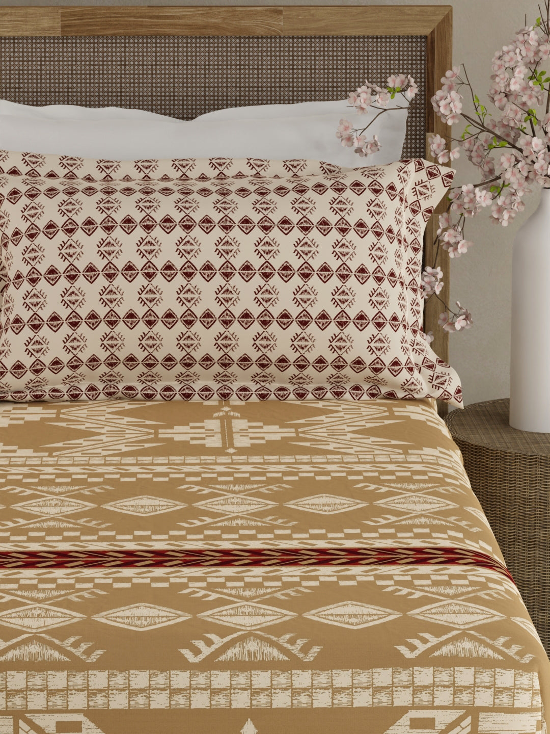 Valatia Gypsy 100% Cotton 200 TC Ethnic Print Fitted King Bedsheet with 2 Pillow Covers - Brown