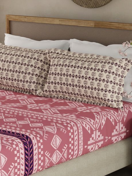 Valatia Gypsy 100% Cotton 200 TC Ethnic Print Fitted King Bedsheet with 2 Pillow Covers - Pink