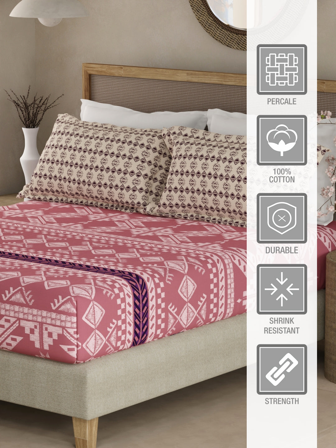 Valatia Gypsy 100% Cotton 200 TC Ethnic Print Fitted King Bedsheet with 2 Pillow Covers - Pink