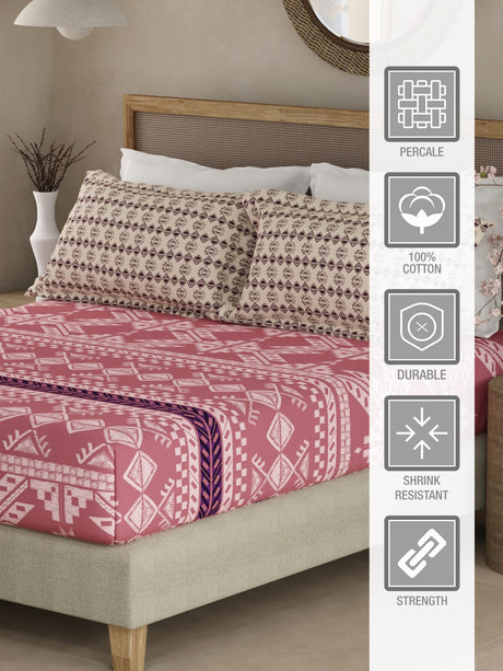 Valatia Gypsy 100% Cotton 200 TC Ethnic Print Fitted King Bedsheet with 2 Pillow Covers - Pink