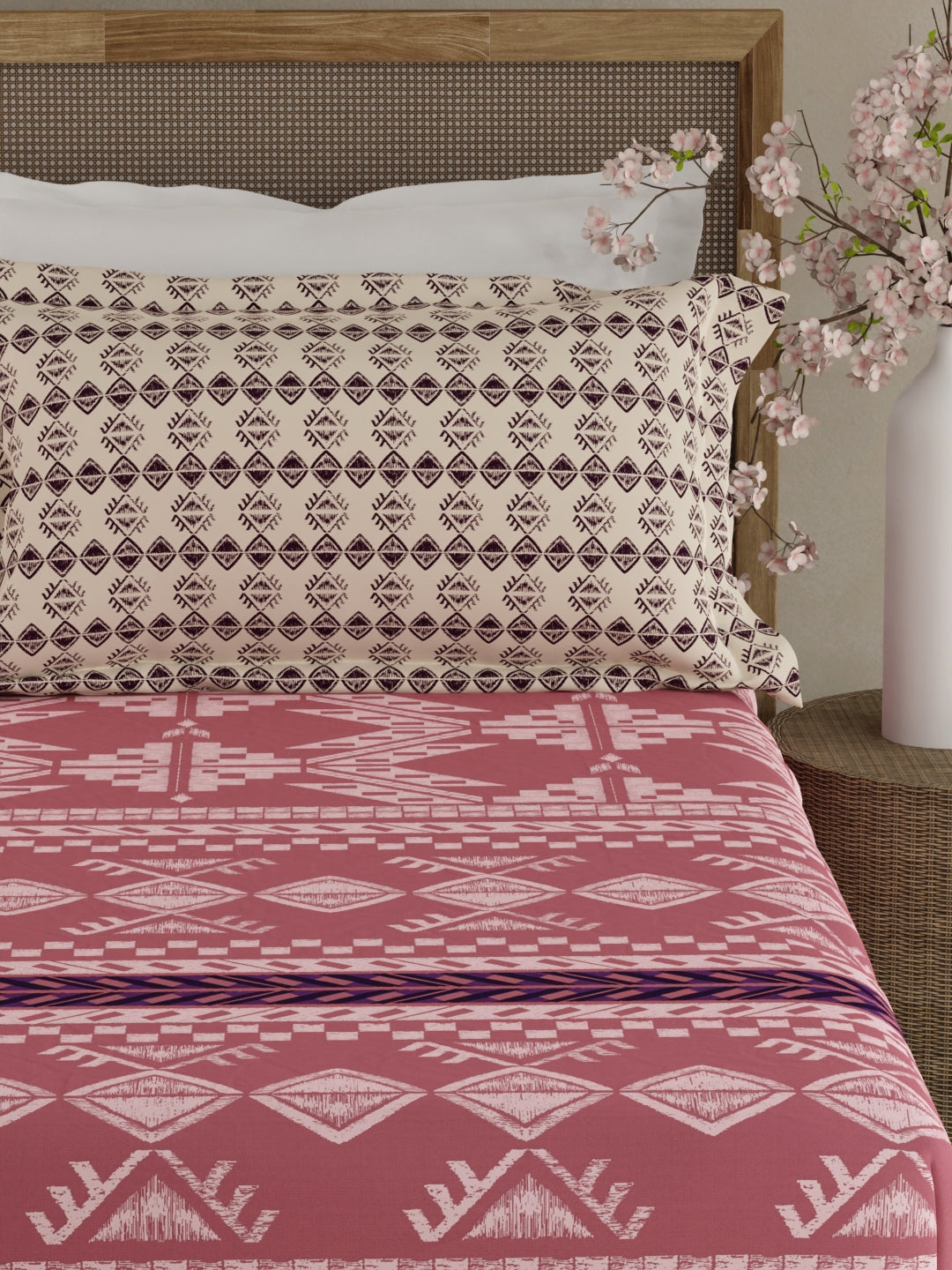 Valatia Gypsy 100% Cotton 200 TC Ethnic Print Fitted King Bedsheet with 2 Pillow Covers - Pink