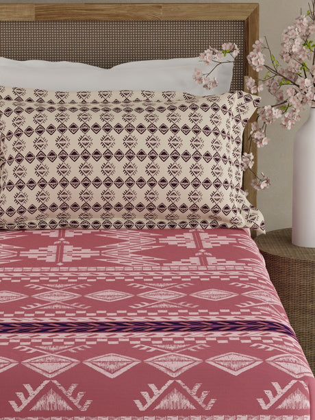 Valatia Gypsy 100% Cotton 200 TC Ethnic Print Fitted King Bedsheet with 2 Pillow Covers - Pink