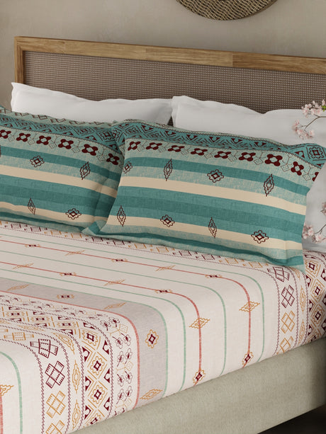Valatia Gypsy 100% Cotton 200 TC Ethnic Print Fitted King Bedsheet with 2 Pillow Covers - White