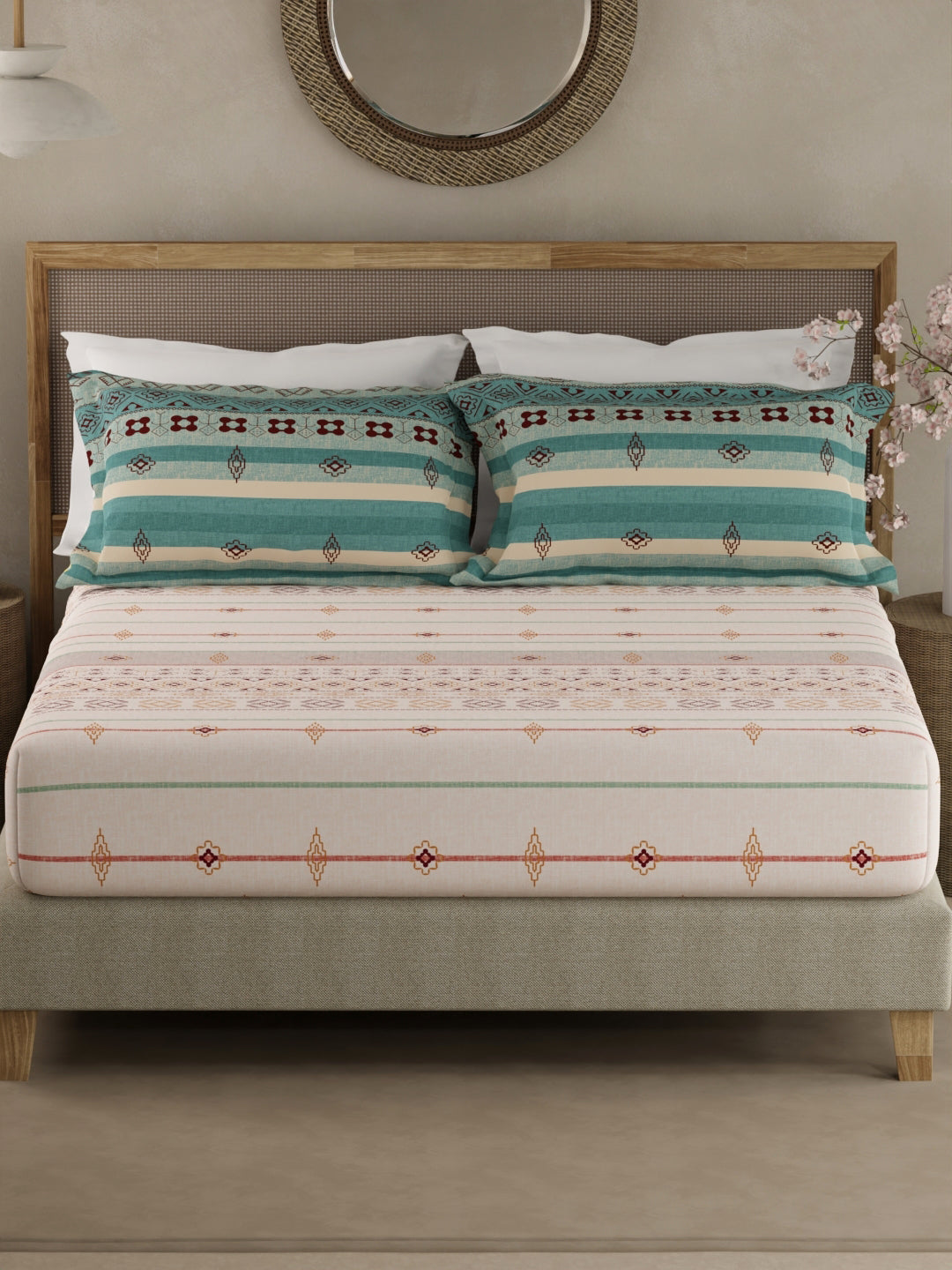 Valatia Gypsy 100% Cotton 200 TC Ethnic Print Fitted King Bedsheet with 2 Pillow Covers - White