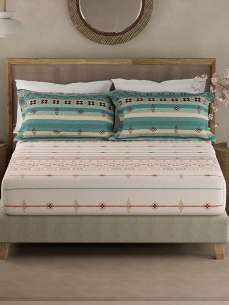 Valatia Gypsy 100% Cotton 200 TC Ethnic Print Fitted King Bedsheet with 2 Pillow Covers - White