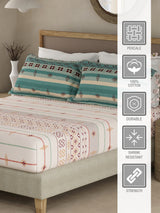 Valatia Gypsy 100% Cotton 200 TC Ethnic Print Fitted King Bedsheet with 2 Pillow Covers - White