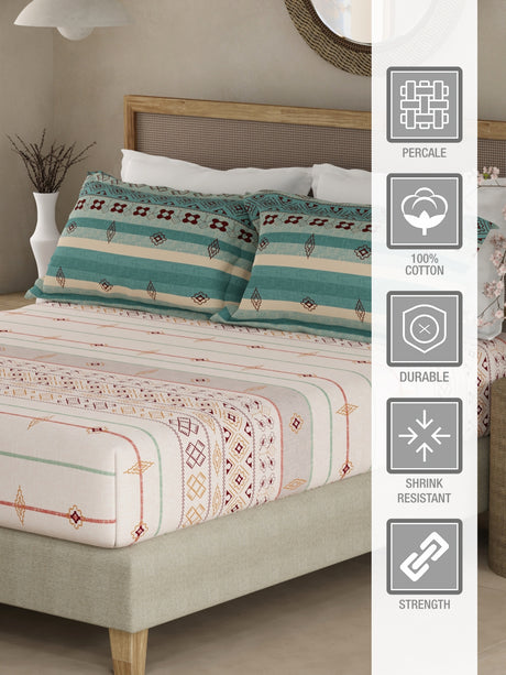 Valatia Gypsy 100% Cotton 200 TC Ethnic Print Fitted King Bedsheet with 2 Pillow Covers - White