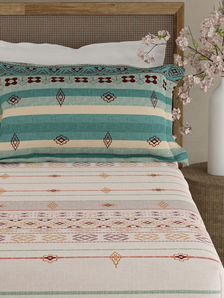 Valatia Gypsy 100% Cotton 200 TC Ethnic Print Fitted King Bedsheet with 2 Pillow Covers - White