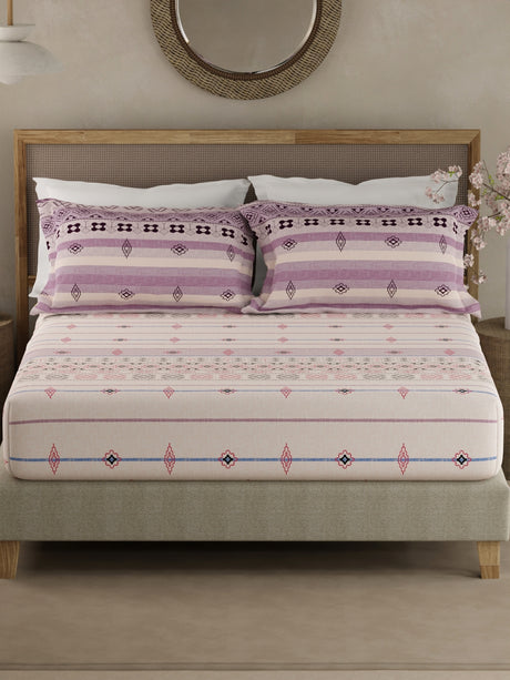 Valatia Gypsy 100% Cotton 200 TC Ethnic Print Fitted King Bedsheet with 2 Pillow Covers - Purple