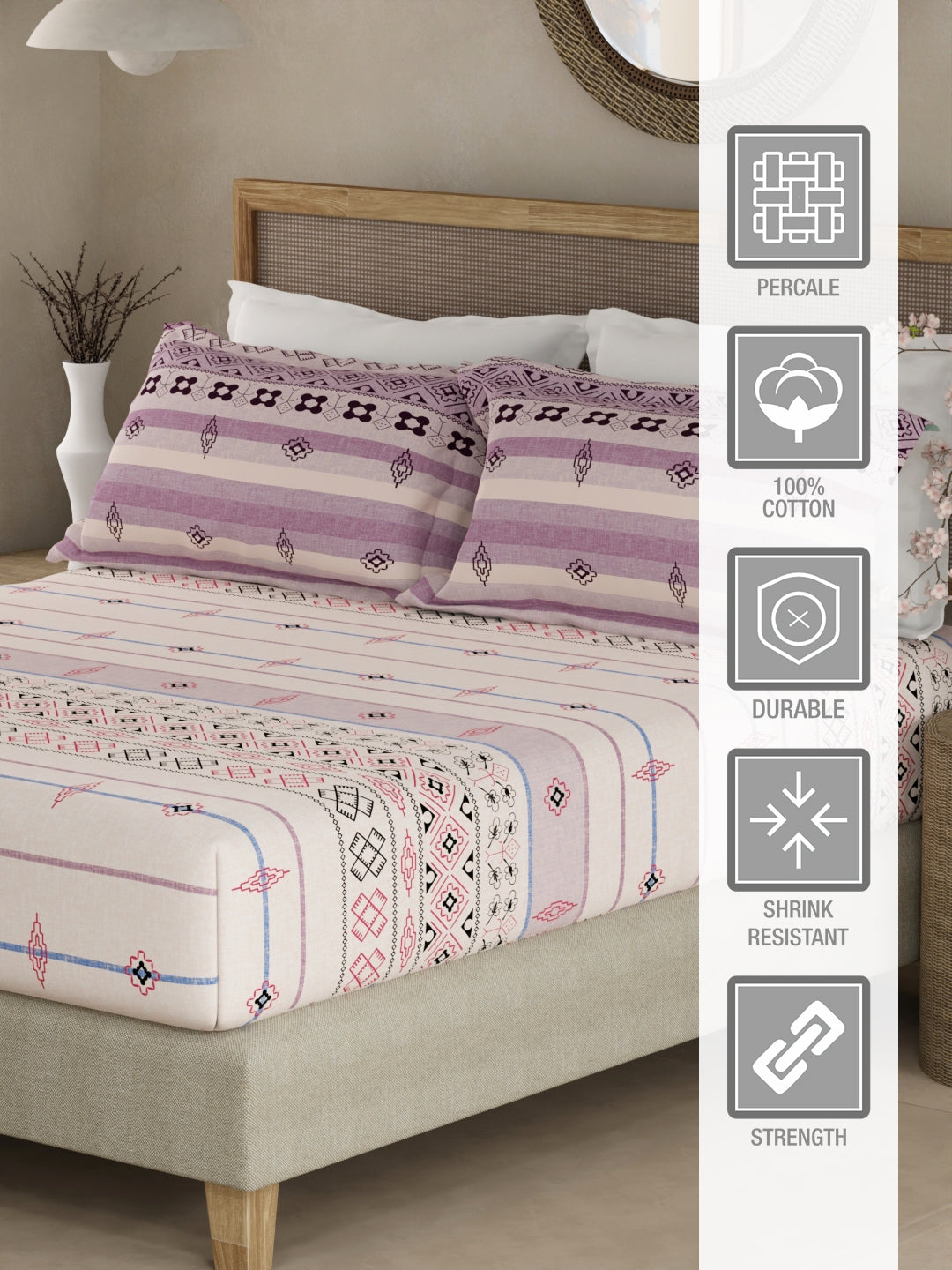 Valatia Gypsy 100% Cotton 200 TC Ethnic Print Fitted King Bedsheet with 2 Pillow Covers - Purple