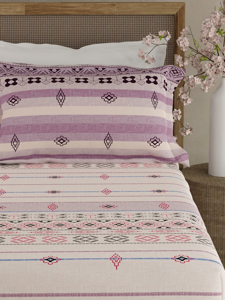 Valatia Gypsy 100% Cotton 200 TC Ethnic Print Fitted King Bedsheet with 2 Pillow Covers - Purple