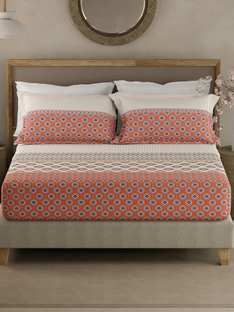 Valatia Gypsy 100% Cotton 200 TC Ethnic Print Fitted King Bedsheet with 2 Pillow Covers - White & Red