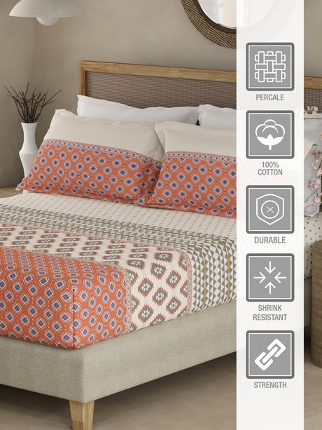 Valatia Gypsy 100% Cotton 200 TC Ethnic Print Fitted King Bedsheet with 2 Pillow Covers - White & Red