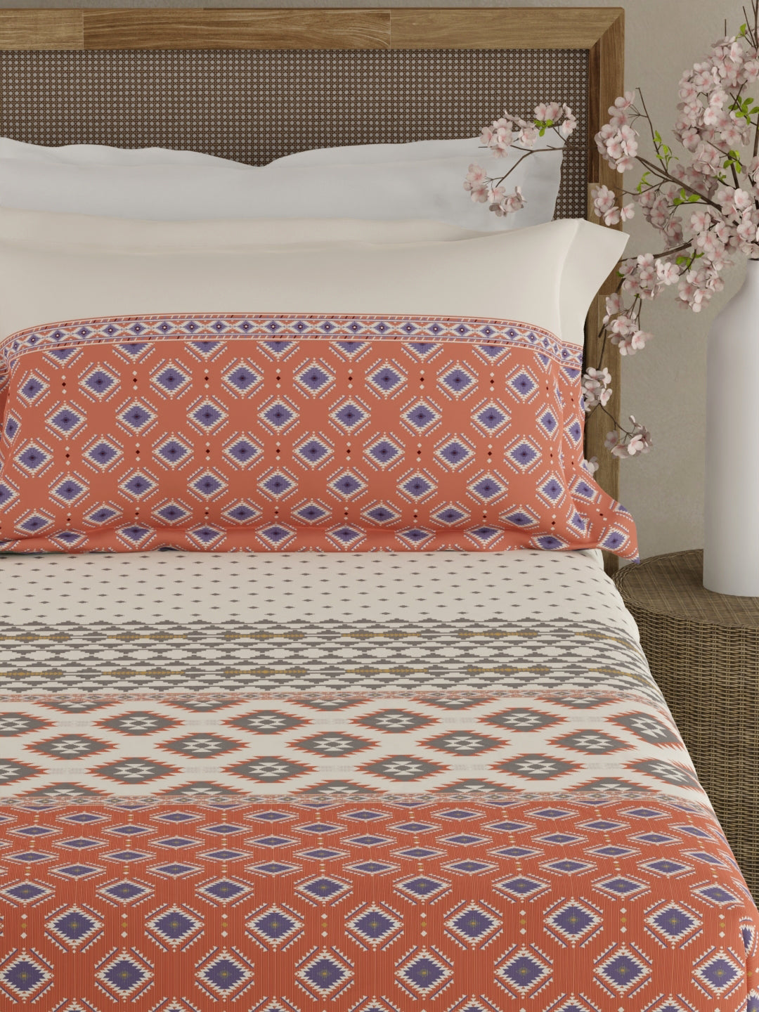 Valatia Gypsy 100% Cotton 200 TC Ethnic Print Fitted King Bedsheet with 2 Pillow Covers - White & Red