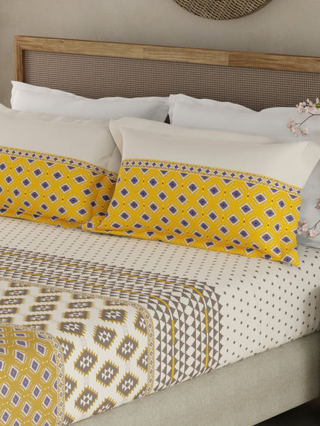 Valatia Gypsy 100% Cotton 200 TC Ethnic Print Fitted King Bedsheet with 2 Pillow Covers - White & Yellow