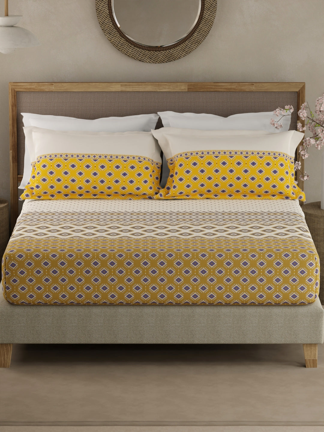 Valatia Gypsy 100% Cotton 200 TC Ethnic Print Fitted King Bedsheet with 2 Pillow Covers - White & Yellow