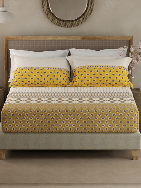Valatia Gypsy 100% Cotton 200 TC Ethnic Print Fitted King Bedsheet with 2 Pillow Covers - White & Yellow