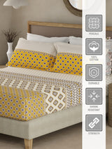 Valatia Gypsy 100% Cotton 200 TC Ethnic Print Fitted King Bedsheet with 2 Pillow Covers - White & Yellow