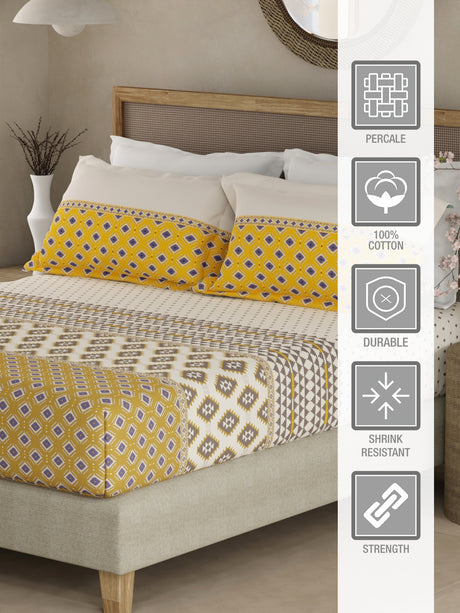Valatia Gypsy 100% Cotton 200 TC Ethnic Print Fitted King Bedsheet with 2 Pillow Covers - White & Yellow