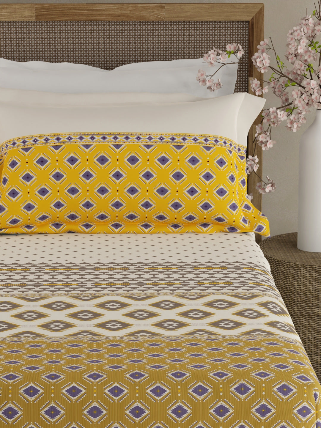 Valatia Gypsy 100% Cotton 200 TC Ethnic Print Fitted King Bedsheet with 2 Pillow Covers - White & Yellow