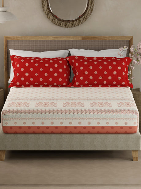 Valatia Gypsy 100% Cotton 200 TC Ethnic Print Fitted King Bedsheet with 2 Pillow Covers - White & Red