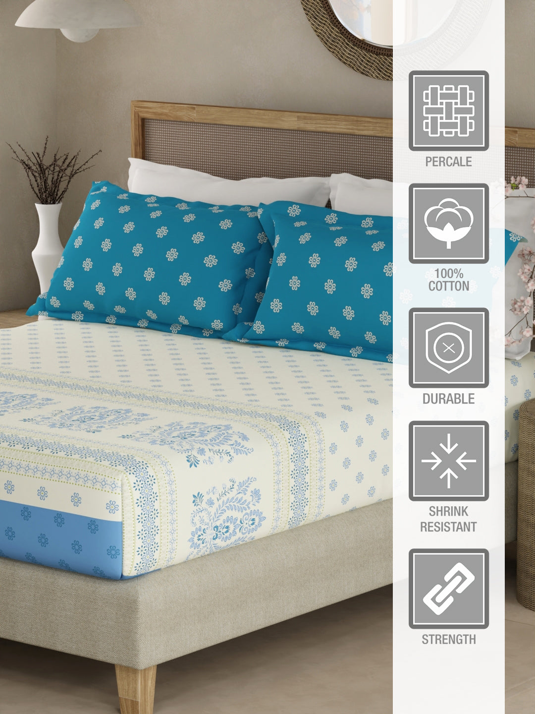 Valatia Gypsy 100% Cotton 200 TC Ethnic Print Fitted King Bedsheet with 2 Pillow Covers - White & Blue