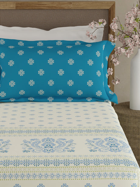 Valatia Gypsy 100% Cotton 200 TC Ethnic Print Fitted King Bedsheet with 2 Pillow Covers - White & Blue