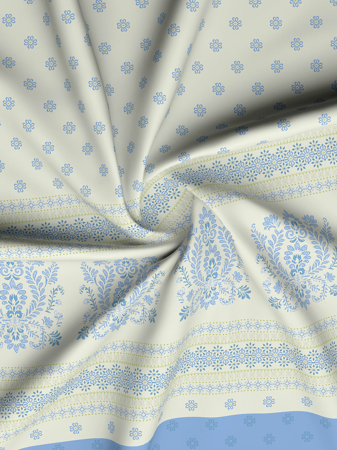Valatia Gypsy 100% Cotton 200 TC Ethnic Print Fitted King Bedsheet with 2 Pillow Covers - White & Blue