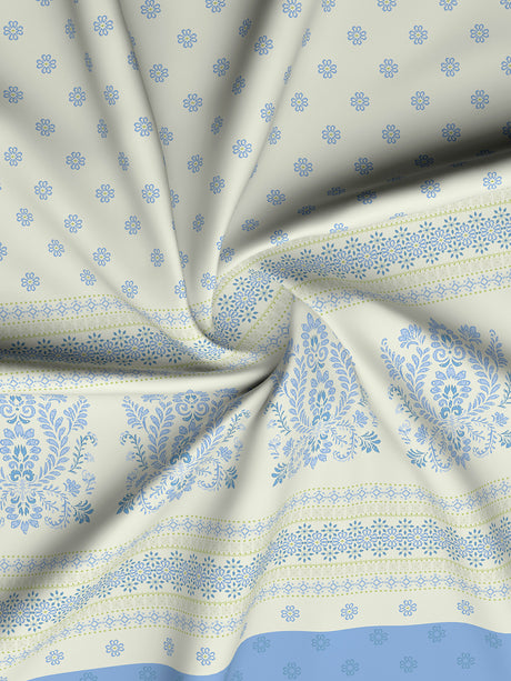 Valatia Gypsy 100% Cotton 200 TC Ethnic Print Fitted King Bedsheet with 2 Pillow Covers - White & Blue