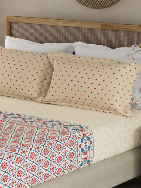 Valatia Gypsy 100% Cotton 200 TC Ethnic Print Fitted King Bedsheet with 2 Pillow Covers - c