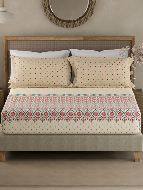 Valatia Gypsy 100% Cotton 200 TC Ethnic Print Fitted King Bedsheet with 2 Pillow Covers - c