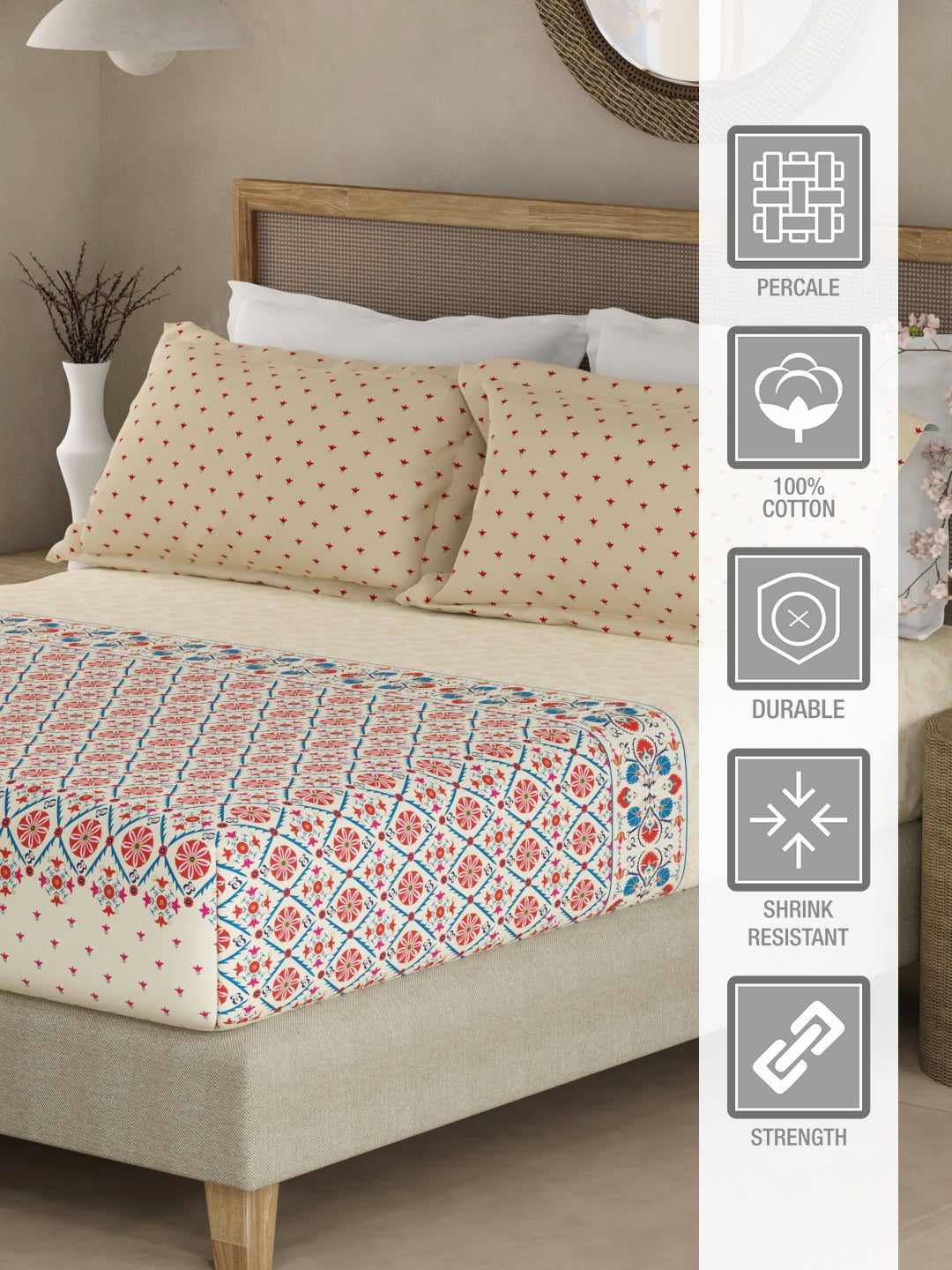 Valatia Gypsy 100% Cotton 200 TC Ethnic Print Fitted King Bedsheet with 2 Pillow Covers - c