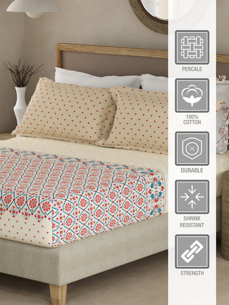 Valatia Gypsy 100% Cotton 200 TC Ethnic Print Fitted King Bedsheet with 2 Pillow Covers - c