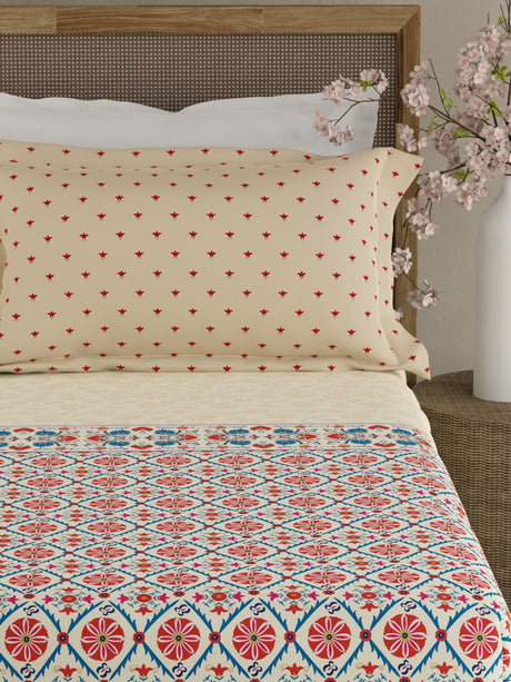 Valatia Gypsy 100% Cotton 200 TC Ethnic Print Fitted King Bedsheet with 2 Pillow Covers - c