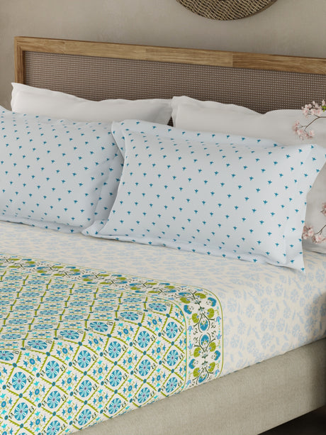 Valatia Gypsy 100% Cotton 200 TC Ethnic Print Fitted King Bedsheet with 2 Pillow Covers - Blue