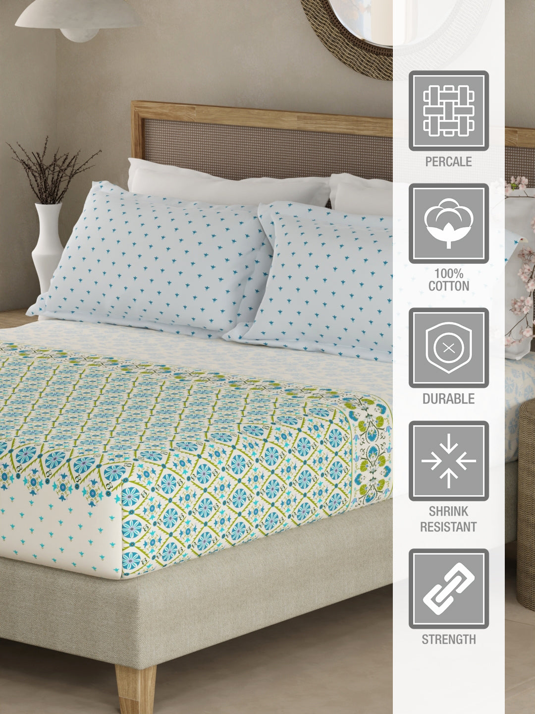 Valatia Gypsy 100% Cotton 200 TC Ethnic Print Fitted King Bedsheet with 2 Pillow Covers - Blue