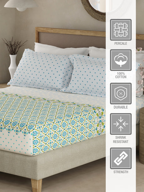 Valatia Gypsy 100% Cotton 200 TC Ethnic Print Fitted King Bedsheet with 2 Pillow Covers - Blue