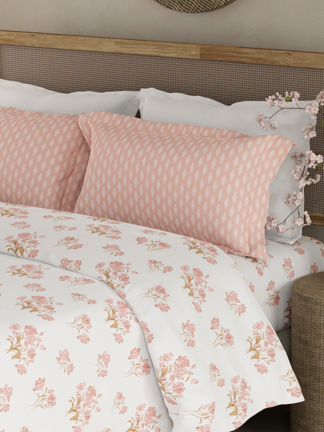 Valatia 100% Cotton 200 TC White & Pink Floral King Bedsheet with 2 Pillow Covers