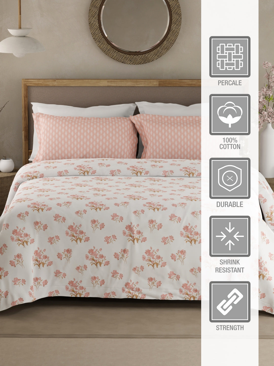 Valatia 100% Cotton 200 TC White & Pink Floral King Bedsheet with 2 Pillow Covers