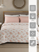 Valatia 100% Cotton 200 TC White & Pink Floral King Bedsheet with 2 Pillow Covers