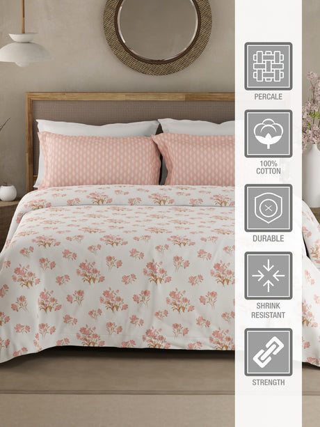 Valatia 100% Cotton 200 TC White & Pink Floral King Bedsheet with 2 Pillow Covers