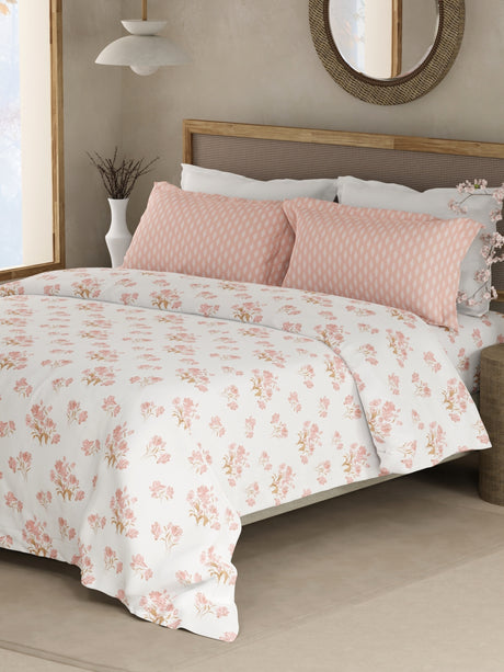 Valatia 100% Cotton 200 TC White & Pink Floral King Bedsheet with 2 Pillow Covers