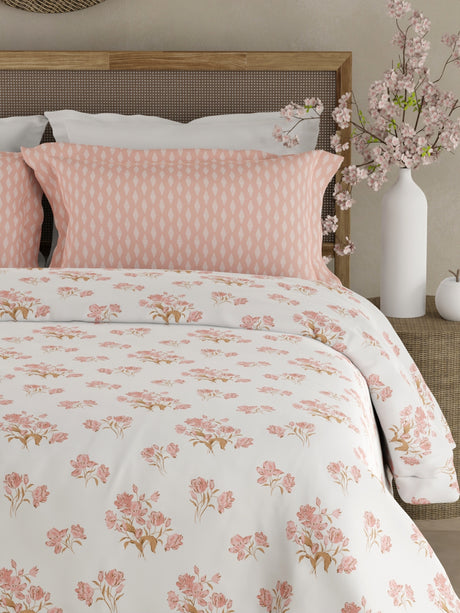 Valatia 100% Cotton 200 TC White & Pink Floral King Bedsheet with 2 Pillow Covers