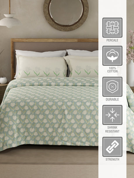 Valatia 100% Cotton 200 TC Blue & White Floral King Bedsheet with 2 Pillow Covers