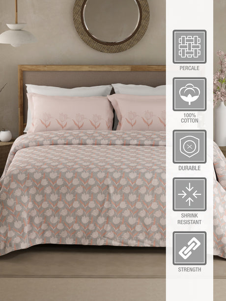 Valatia 100% Cotton 200 TC Pink Floral King Bedsheet with 2 Pillow Covers